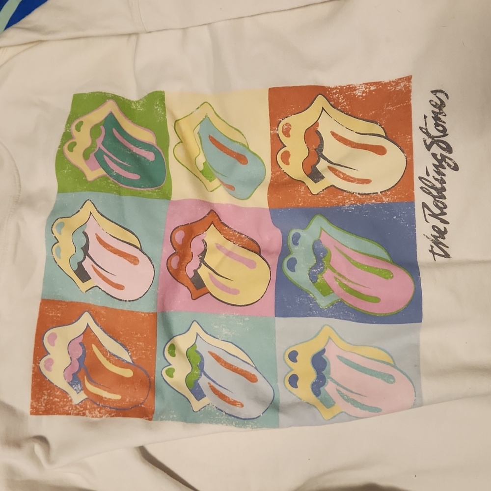 the Rolling Stones White Sweatshirt with Multicolor Pop Art Tongue Graphics - Picture 2 of 5